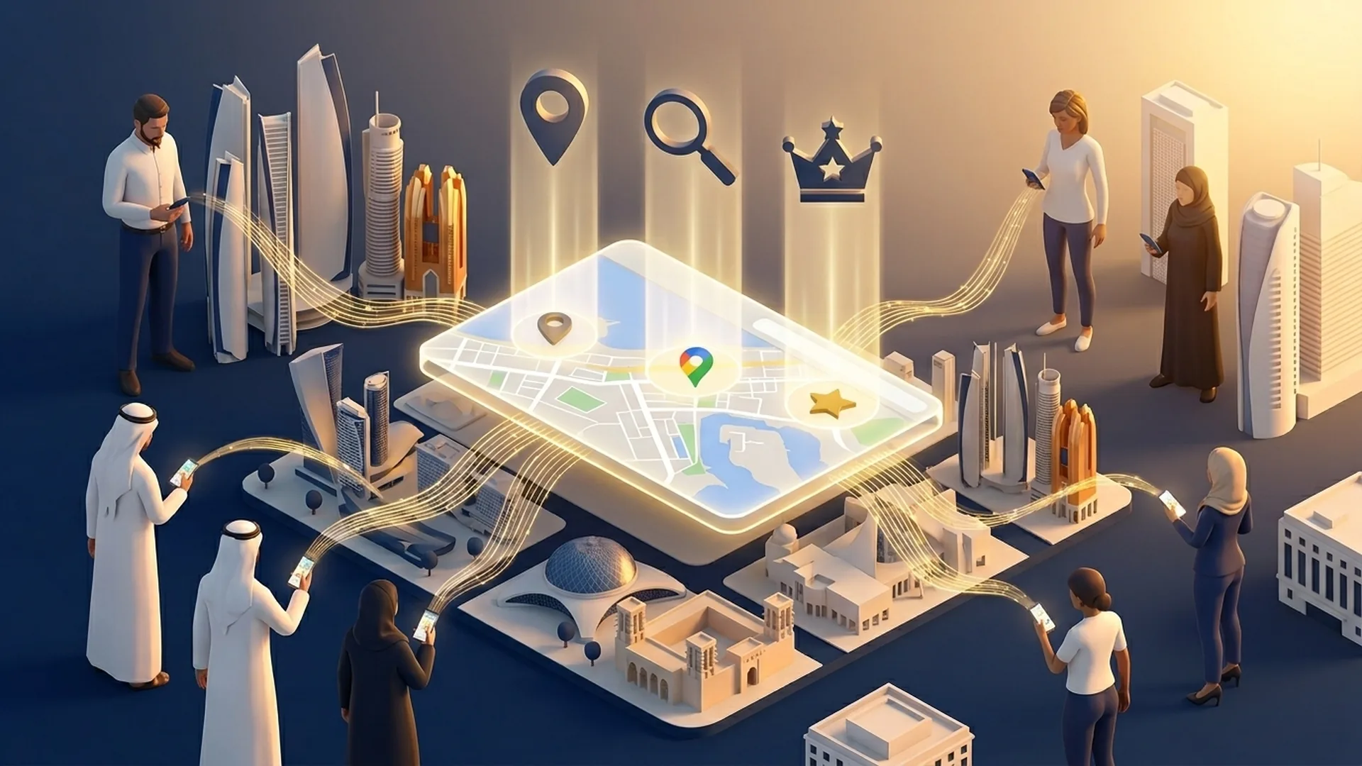 3D Abu Dhabi cityscape with glowing Google Maps location pillars rising from the Corniche