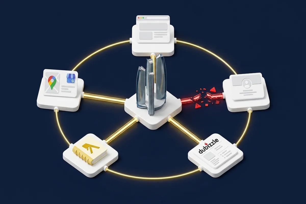 Business building connected to citation networks illustrating NAP consistency across directories
